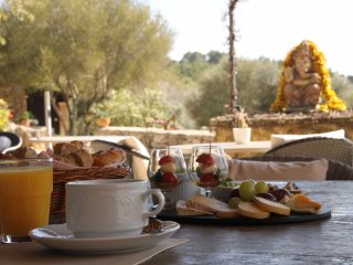 Auf der Terrasse der Yoga Finca Son Mola Vell begrüßt Sie unser Ganesha bei Sonnenschein und leckerem Frühstück