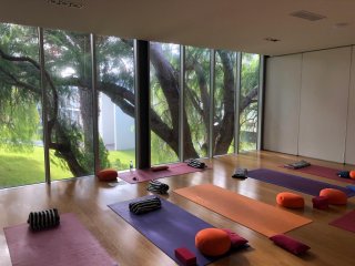 Unser lichtdurchfluteter Yoga-Raum im Hotel Estalagem. Hier finden wir alles, was wir zum Yoga brauchen. 