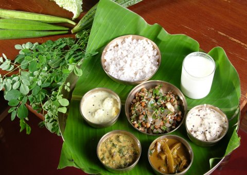 Gesunde ayurvedische Kost präsentiert auf dem traditionellen Thali 
