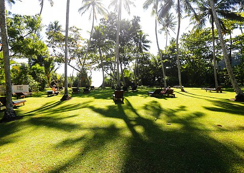 Der großzügige Garten im Surya Lanka lädt zum Entspannen ein