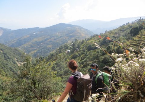 Auf dem Climate Trek in Nepal genießen Sie den Blick über Plantagen