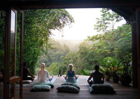 Yoga und Meditation mit Blick auf den Regenwald