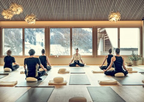Tägliche Meditations-Einheiten mit Blick auf die schneebedeckten Berge