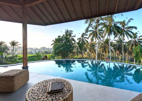 Pool der Villa mit Blick über die weitläufigen Reisterrassen