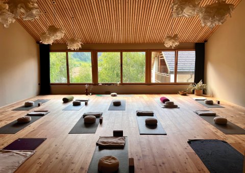 Yoga üben mit Blick in den Garten