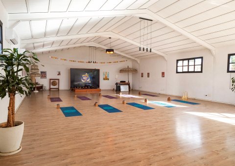In der lichtdurchfluteten Yogahalle üben