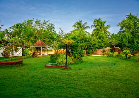 Blick die grüne Anlage des Resorts